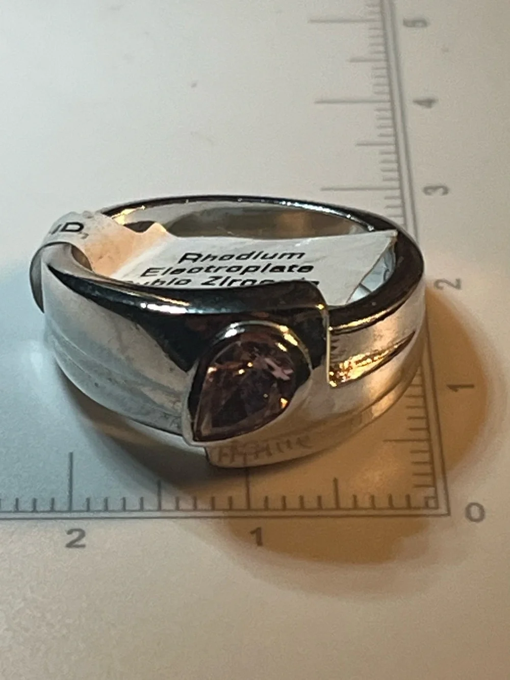 Rhodium-Plated Cubic Zirconia Pear Ring Size 9 – Made in Thailand